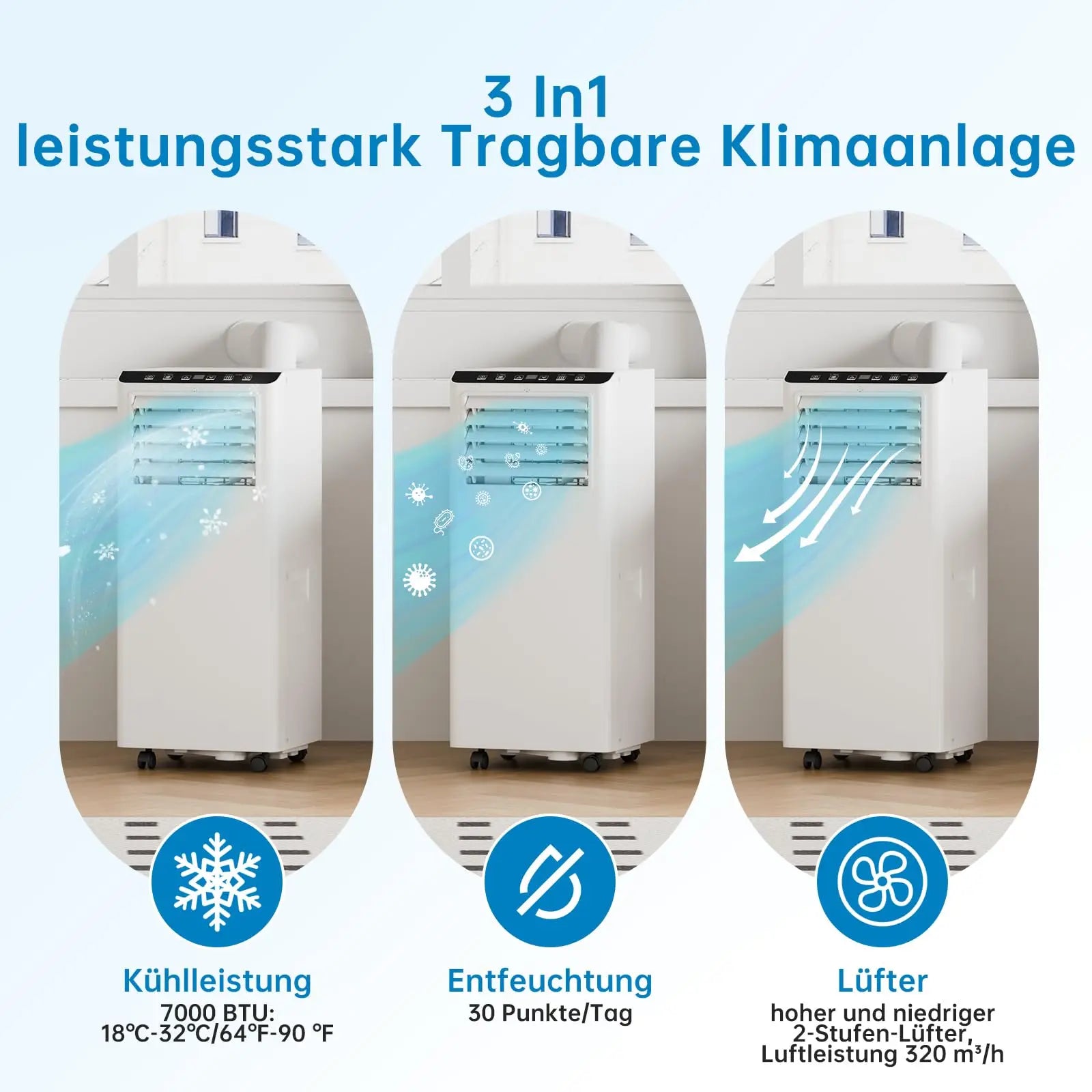 7000 BTU Portable Air Conditioner, 3-in-1 Cooling Dehumidifier & Fan, 2 Speeds, No External Unit, Quiet For Rooms Up To 30 m²