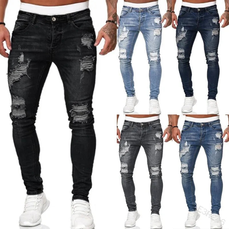 Fashion Street Style Ripped Skinny Jeans Men Vintage wash Solid Denim Trouser Mens Casual Slim fit pencil denim Pants hot sale Main image