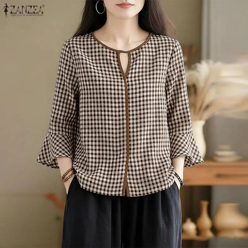 ZANZEA Women Summer Plaid Patchwork Blouse 3/4 Flare Sleeve Cut Out Tops Casual Loose Shirt Retro Chemise Female Work Blusas