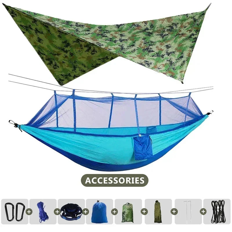 260x140cm Camping Hammock Double Size Parachute with Mosquito Net Rain Fly Tarp Lightweight for Hiking Travel