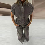 Denim Vest Loose Long Pants Woman Set High Neck Single Breasted Waist Cinched Tops High Waist Trousers Chic Casual Lady New Sets