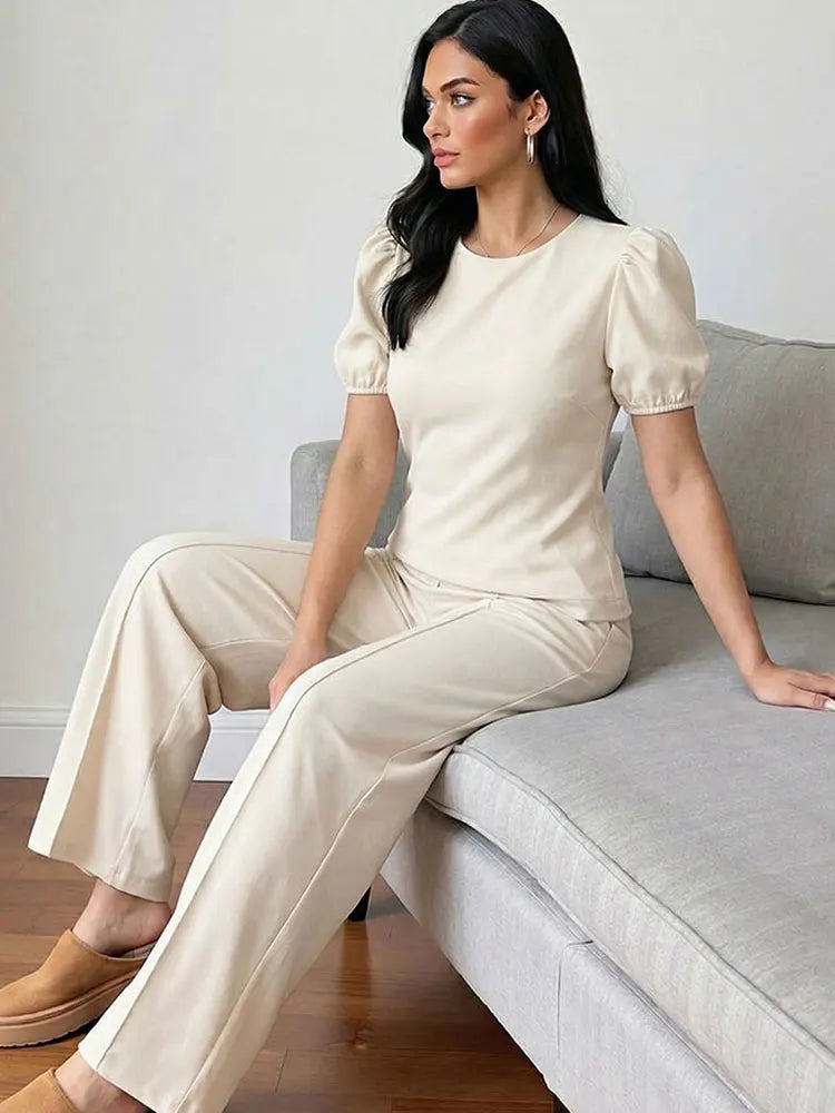 HH Women Elegant Beige Matching Set O Neck T-Shirt Solid Puff Sleeve Top Casual Lady Wide Leg Trousers High Street Chic Outfit Main image