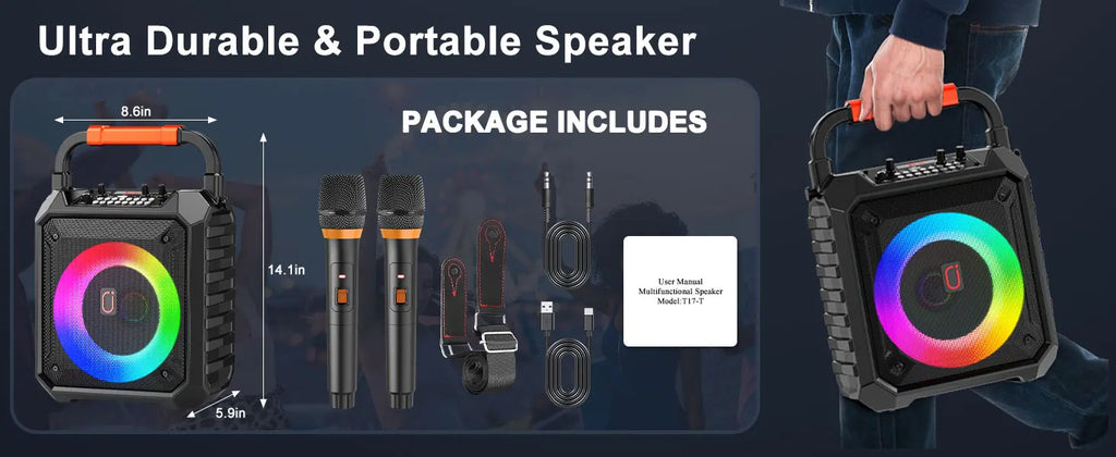 T17-T Karaoke Machine And Bluetooth earphones,Portable Speaker with LED Lights for Kids and Adults,Supports Bluetooth/USB/TF/AUX