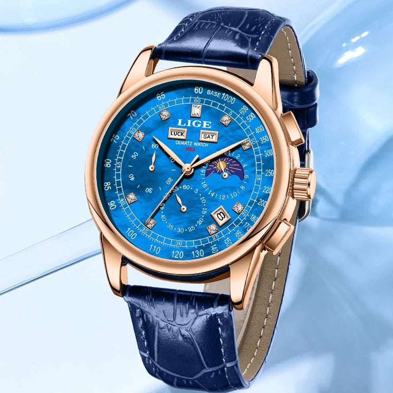 LIGE Retro Elegant Quartz Women's Wristwatches Simple Diamond Dial Fashion Casual Outdoor Date Waterproof Moon Phase Woman Watch