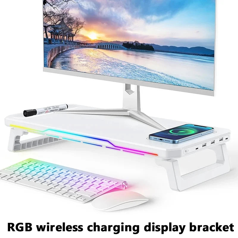 RGB Light Effect Rechargeable Desktop Monitor Height Stand 3 USB 2.0 Port Universal Laptop Storage Rack With Wireless Charging Main image