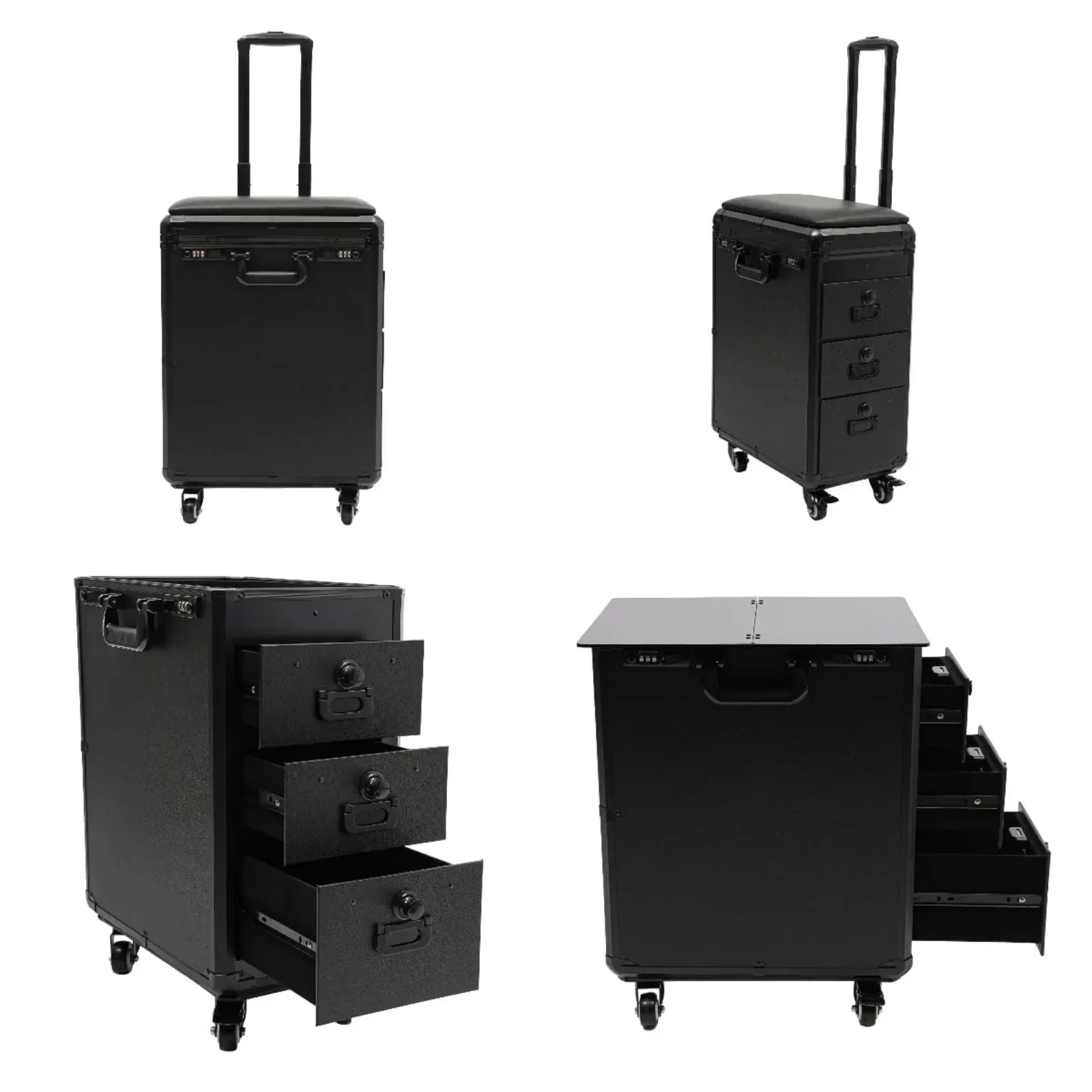 Rolling Makeup Train Case w/Tattoo Armrest Stand,Beauty Trolley Case with 3 Drawers, 4 Universal Wheels, and Combination Lock
