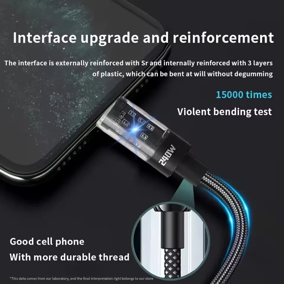 240W Nylon Cable USB Type C Super Fast Charging Cable For Samsung Xiaomi Huawei Honor LED Digital Display Fast Charger Data Cord Secondary image