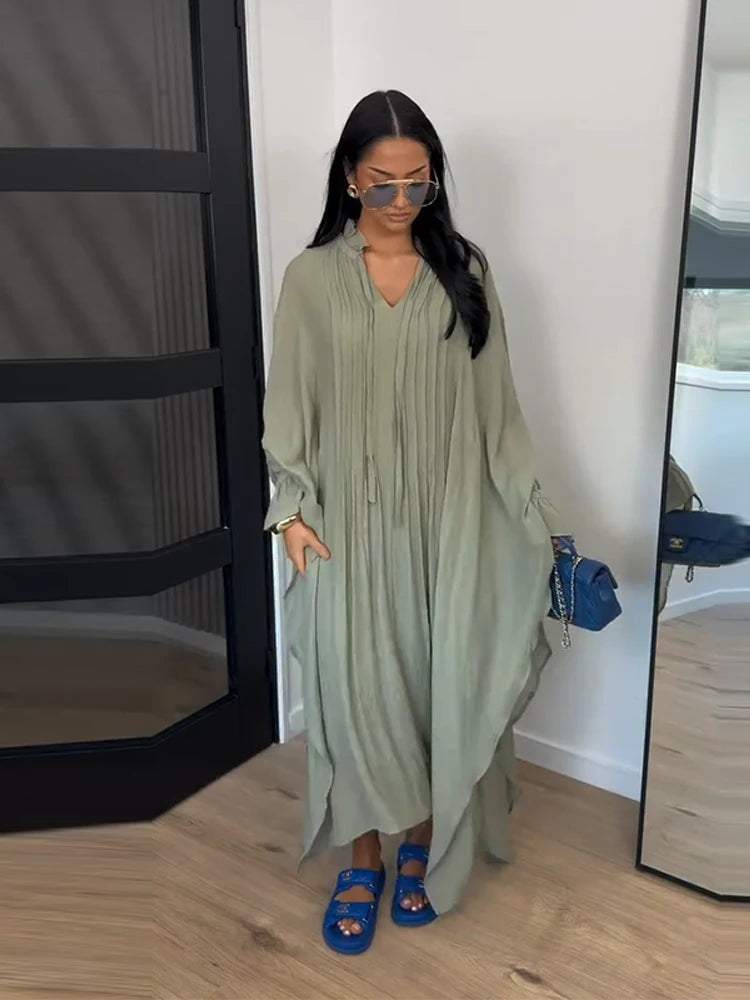 Maxi Dress Women's Dresses Batwing Sleeve Beige Ruffle Tie Neck Pleated Oversized Woman Clothes Casual Wear Summer Outfit Main image