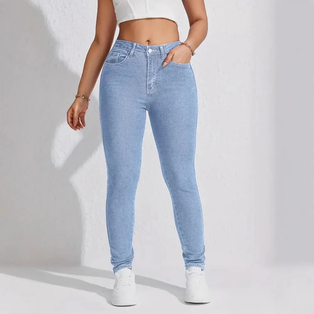 Women High Waist Stretch Denim Jeans Hip Lifting Skinny Pencil Pants Ladies Full Length Slim Solid Color Trousers
