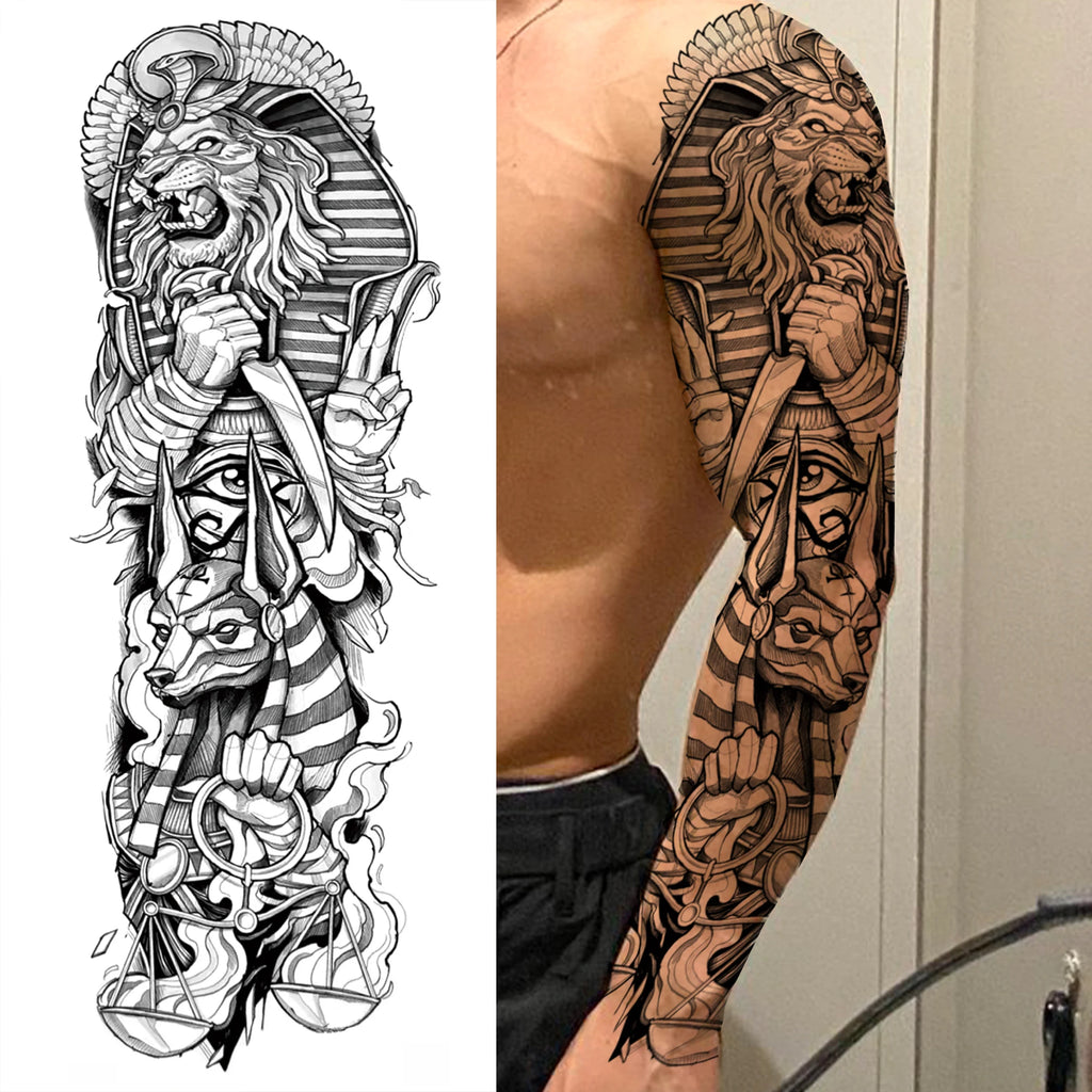 1 Sheet Full Arm Compass Zeus Skull Tiger Lion Flower Temporary Tattoos Sleeve For Men Women Adults Fake Temp Sticker Tattoo