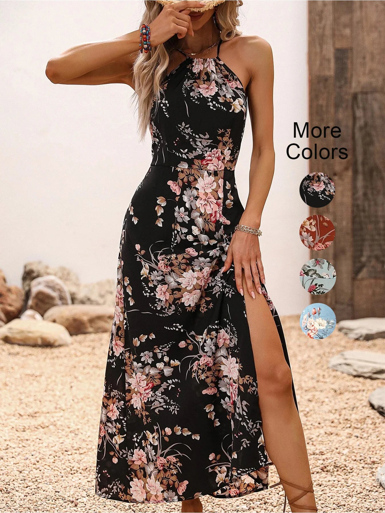 Women's Floral Print High Slit Thigh Halter Dress - Summer Sleeveless Sexy Bodycon Beach Party Clubwear Main image