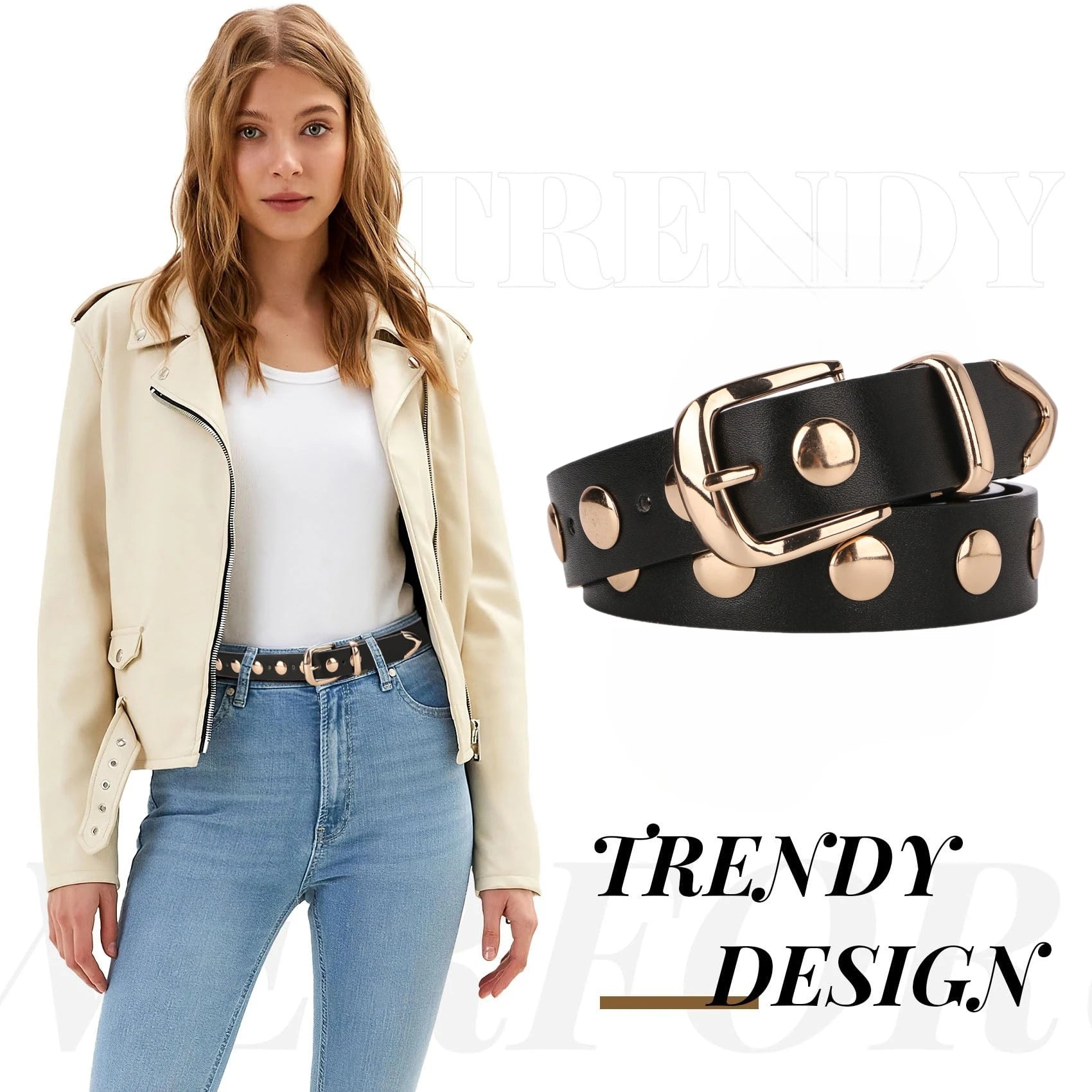 Women Fashion Leather Belt Studded Punk Black Belts for Jeans Dress Ladies Belt with Gold Buckle Adjustable Waist Belt Main image