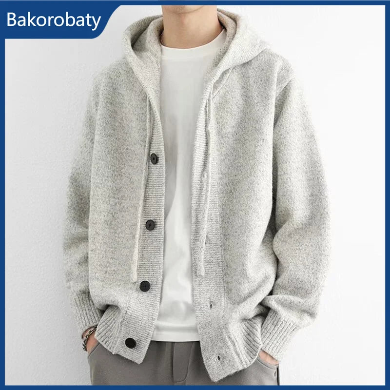New Casual Luxury Hooded Knitted Cardigan For Man Korean Fashion Loose Button-up Sweater Y2K Vintage Streetwear Knitwear Coat