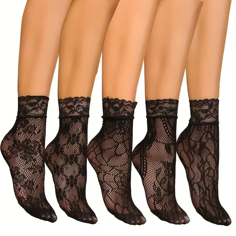 5 Pairs Floral Lace Socks Thin Breathable Short Socks Summer Mesh Lolita Fishing Net Women's Stockings Hosiery Secondary image