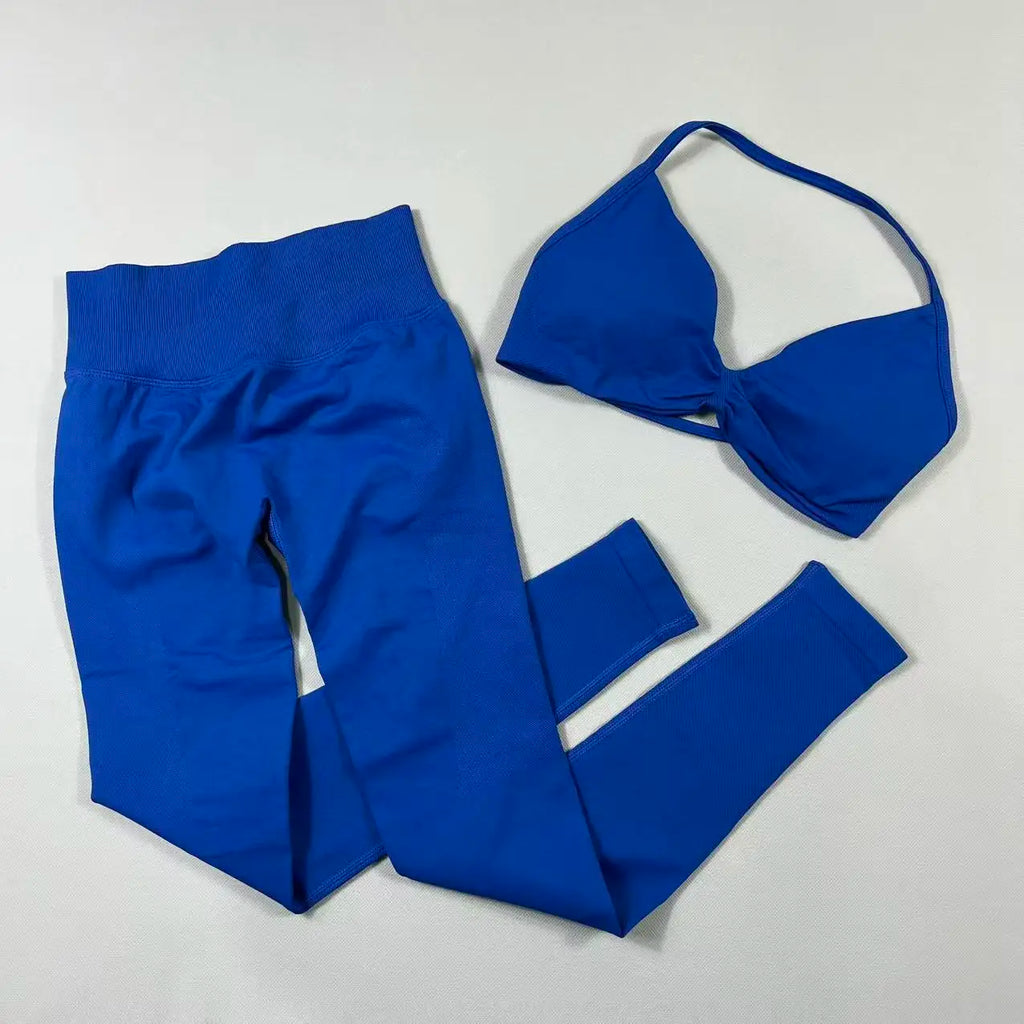 UETEEY Set For Woman Strappy Yoga Bra Sports Top Workout Leggings Set Seamless Gym Set Fitness Clothes Outfit Activewear