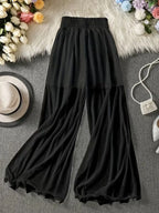 Summer solid color chiffon wide leg pants for women, high waisted, elastic waistband, flowing and slimming, casual pants