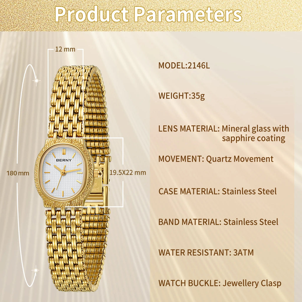 BERNY Gold Women's Watch Luxury Small Dial Ladies Gold Watch Jewelry Bracelet Quartz Lady Watch Stylish Fashion Women Watches