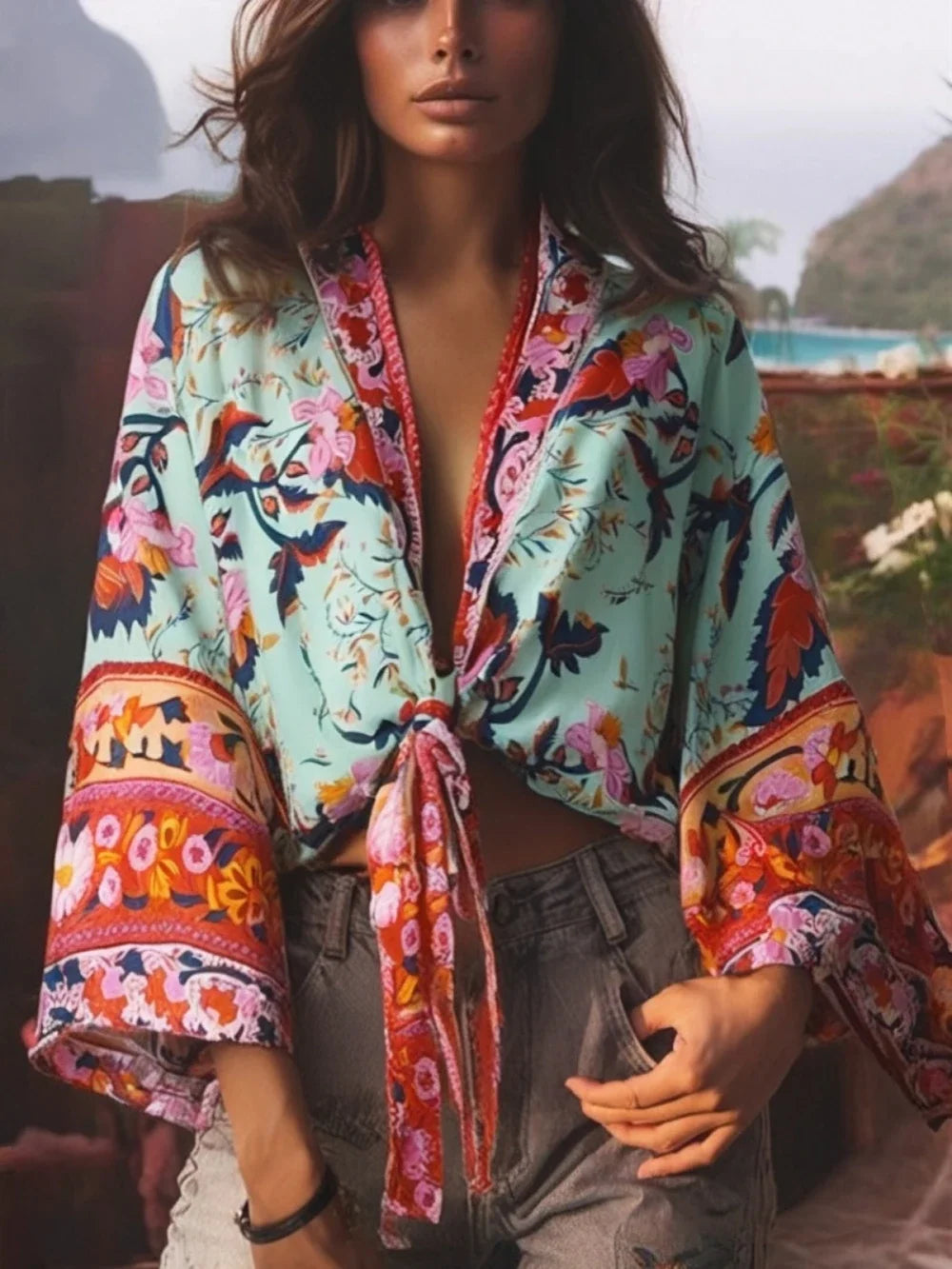 Happie Queens Floral Print Sashes Short  Kimono Women Fashion V Neck Batwing Sleeves Robe Lady Boho Bikini Cover-ups Main image