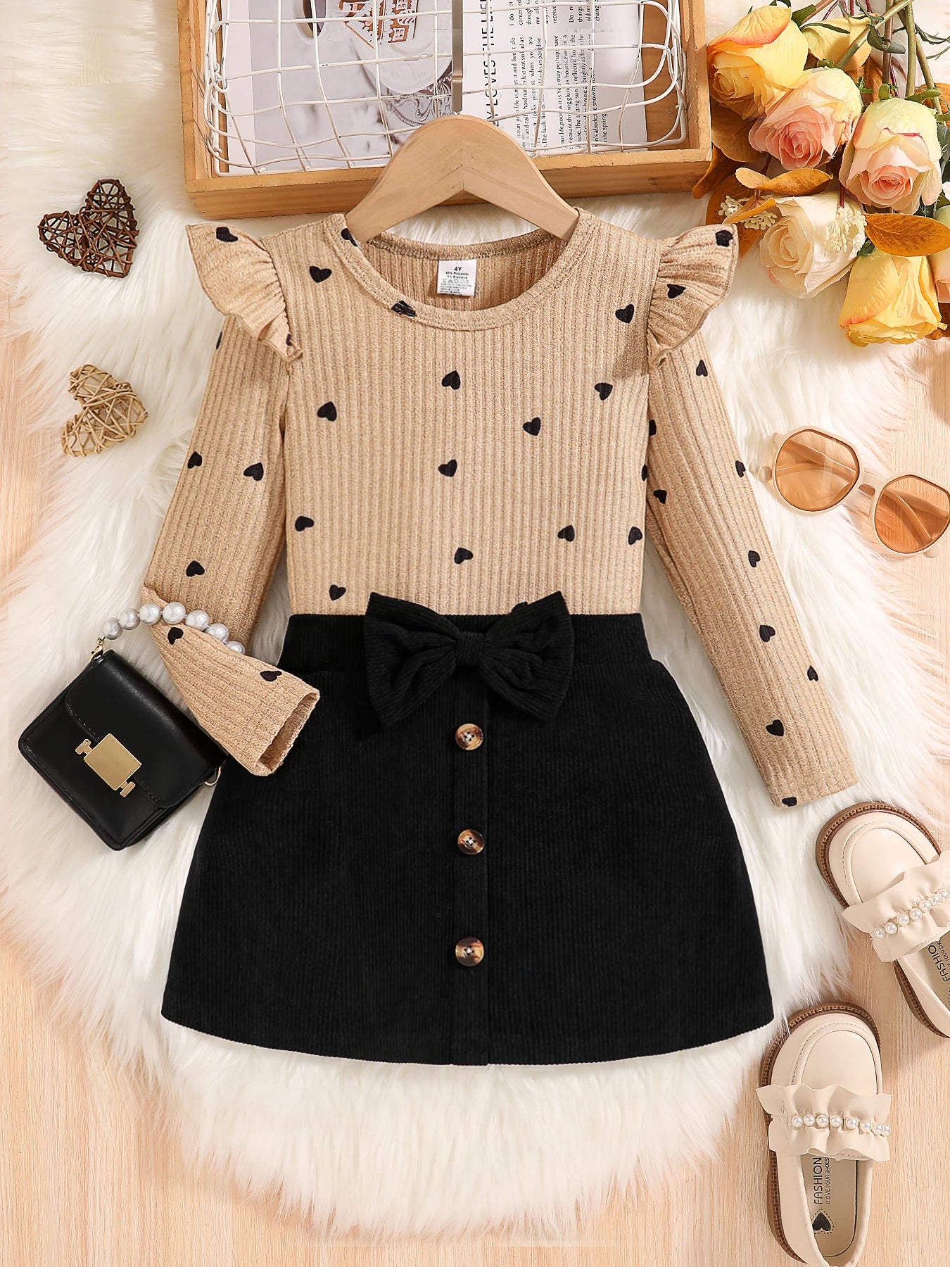 2-Piece Set for Girls in Spring and Autumn: Fashionable and Elegant Dress Set for Young Girls, Featuring a Round Neck, Ribbed Lace, Flutter Sleeves, Heart and Polka Dot Print Long-Sleeve Top + Black Skirt with Bow and Button Main image