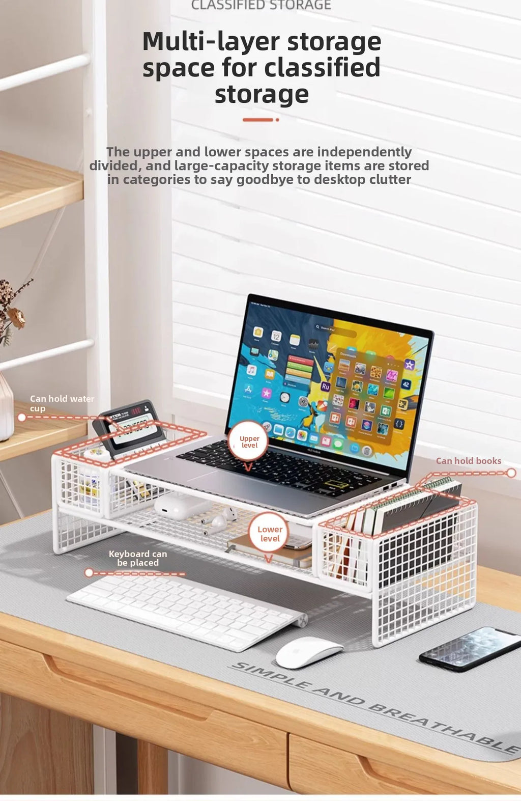 Height Adjustable Computer Stand Desk Monitor Laptop Cooling Rack Suspended Bracket Office Storage Solution