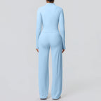 2pieces Quick Drying Sports Fitness Clothing Yoga Set Women Yoga Zipper Long Dleeves High Waisted Breathable Wide Leg Pants Set