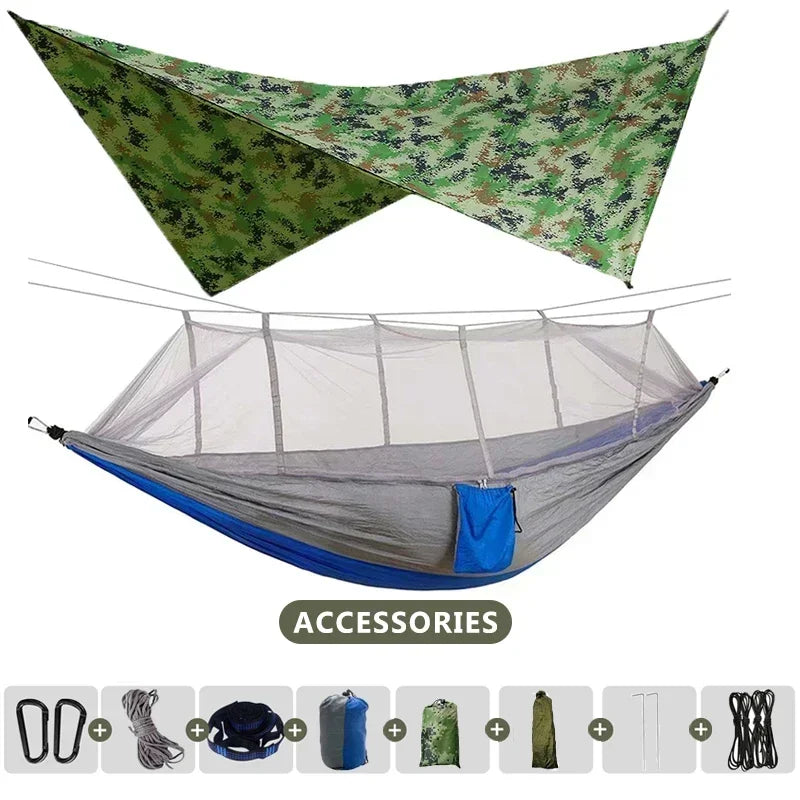 260x140cm Camping Hammock Double Size Parachute with Mosquito Net Rain Fly Tarp Lightweight for Hiking Travel