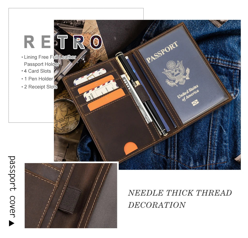 Retro Leather Passport Cover RFID Blocking For Cards Travel Passport Wallet Document Organizer Case With 1 Pen Holder Men Women