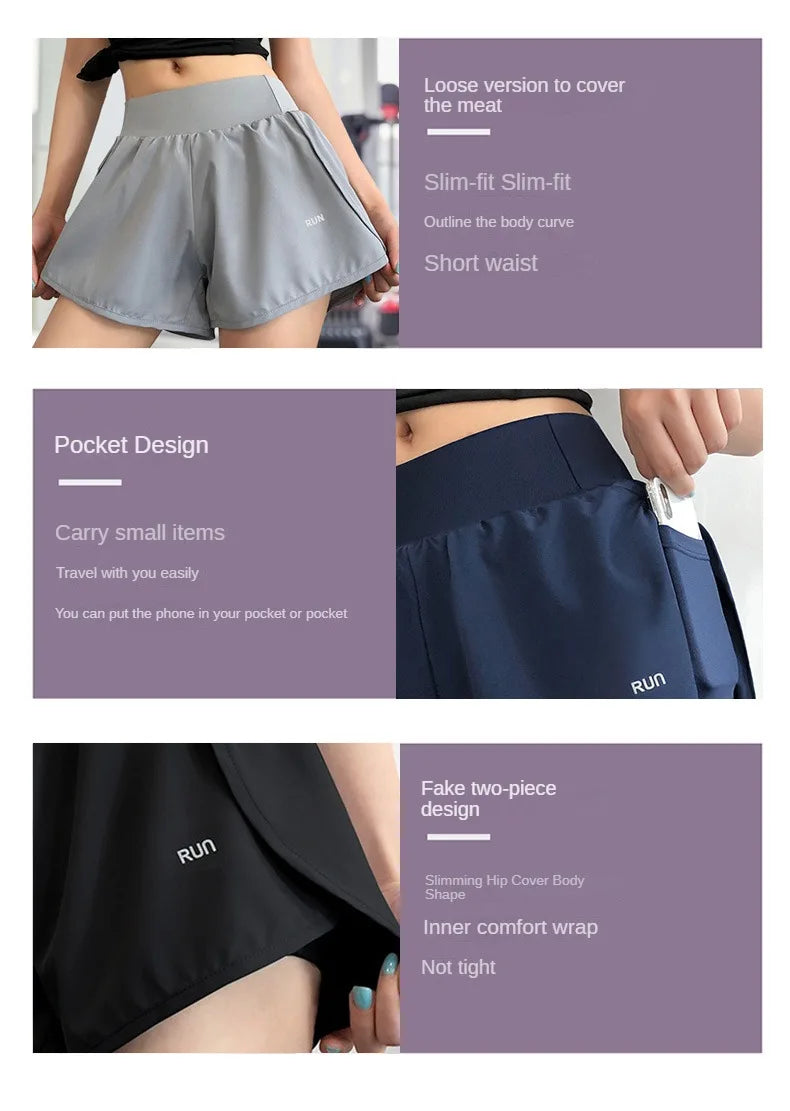 Women Leisure Sports Anti-exposure Fake Two-piece Slimming Sports Gym Nude Yoga Breathable Shorts