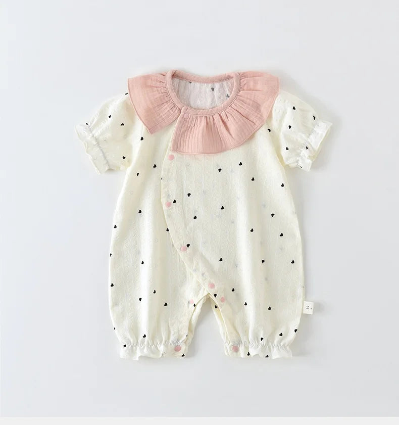 Baby Girls Summer Cute Heart Print Romper Ruffle Collar Infant Onesies Cotton 0-24M Newborn Comfort Jumpsuit Outfit