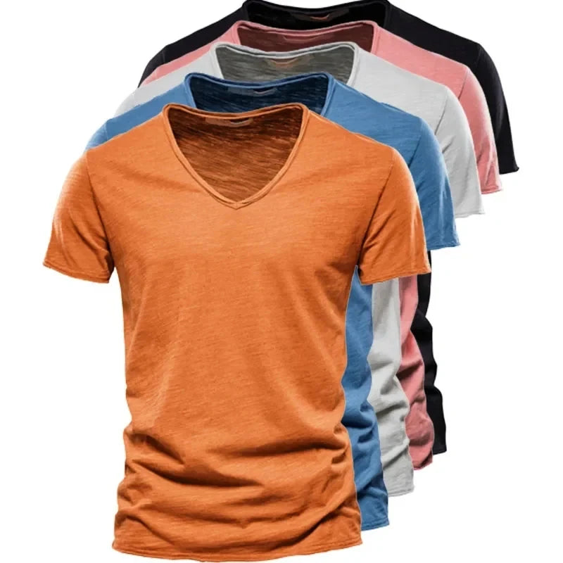 Spring Summer Cotton T Shirts Men 2025 Simple VNeck Stretch Solid New Tops Clothing Casual Tshirt Man Streetwear Cool Tee Shirts