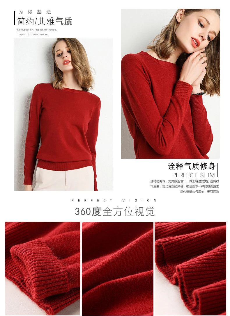 Women Slim O-Neck Pullover Cashmere Wool Blending Sweater Autumn And Winter Long-Sleeved Knit Bottoming Shirt Large Size 2024