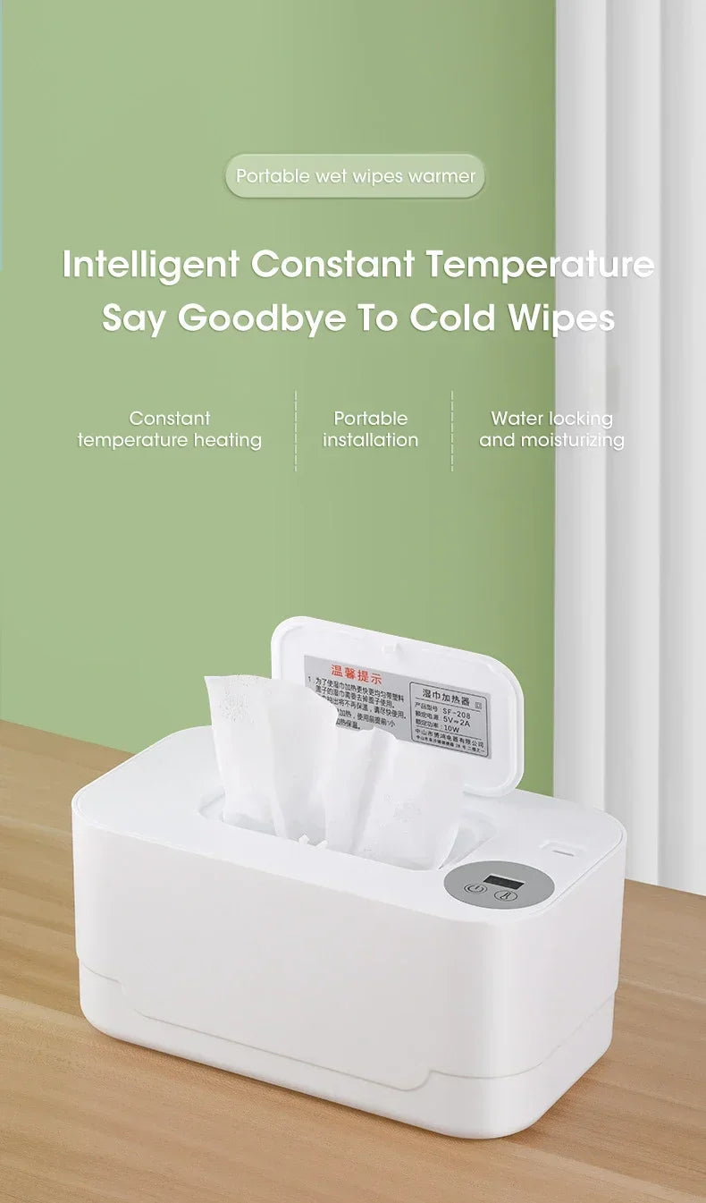Baby Wipe Warmer Heater with LED Display, Wet Towel Dispenser Portable USB Charge Baby Wipe Warmer Napkin Heating Box Home/Car