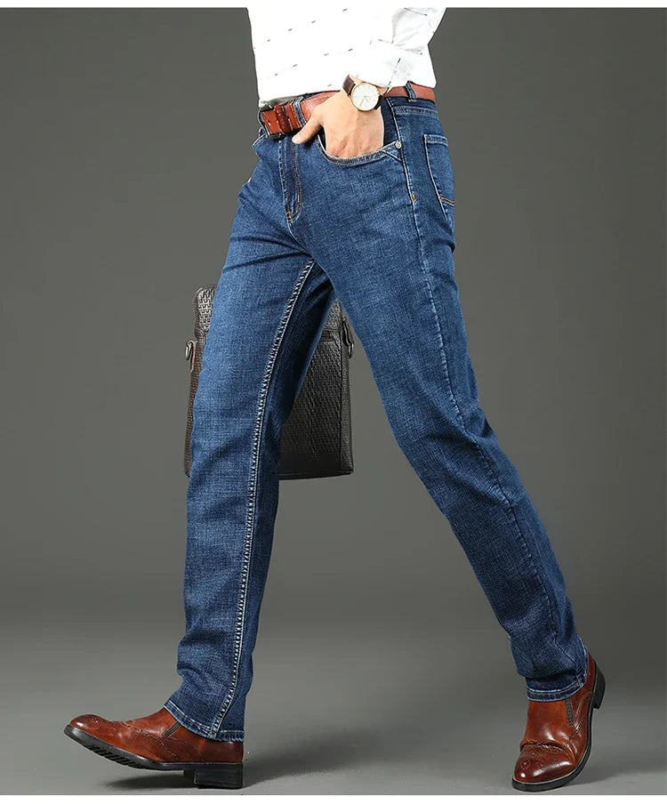 WTHINLEE Business Men's Jeans Casual Straight Stretch Fashion Classic Blue Work Denim Trousers Male Brand Clothing Size 28-40
