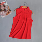 #2503 Woman Tops And Blouses Sleeveless Shirt Women Summer Thin Vest Pullover Button Basic Top Chiffon Red White Black Polo Neck