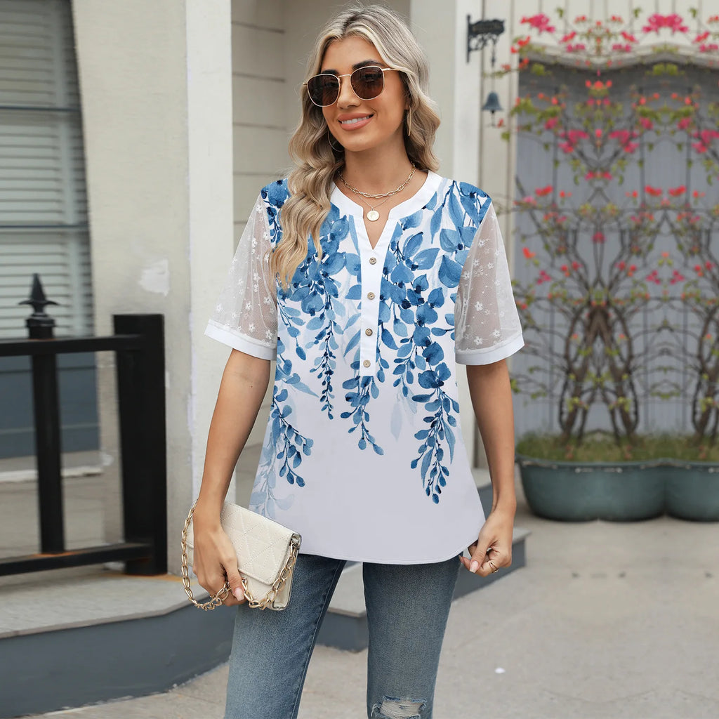 Summer Shirts Women Lace Patchwork Short Sleeve Blouse Flower Print Clothing Fashion Street Casual Daily V-Neck Button Tops 2025
