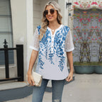 Summer Shirts Women Lace Patchwork Short Sleeve Blouse Flower Print Clothing Fashion Street Casual Daily V-Neck Button Tops 2025
