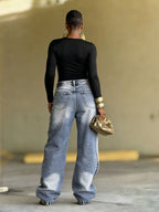 Jeans Women Vintage Wide Leg Pants Denims Washed Streetwear Patchwork Patches Straight Trousers Distressed Floor Length 2026