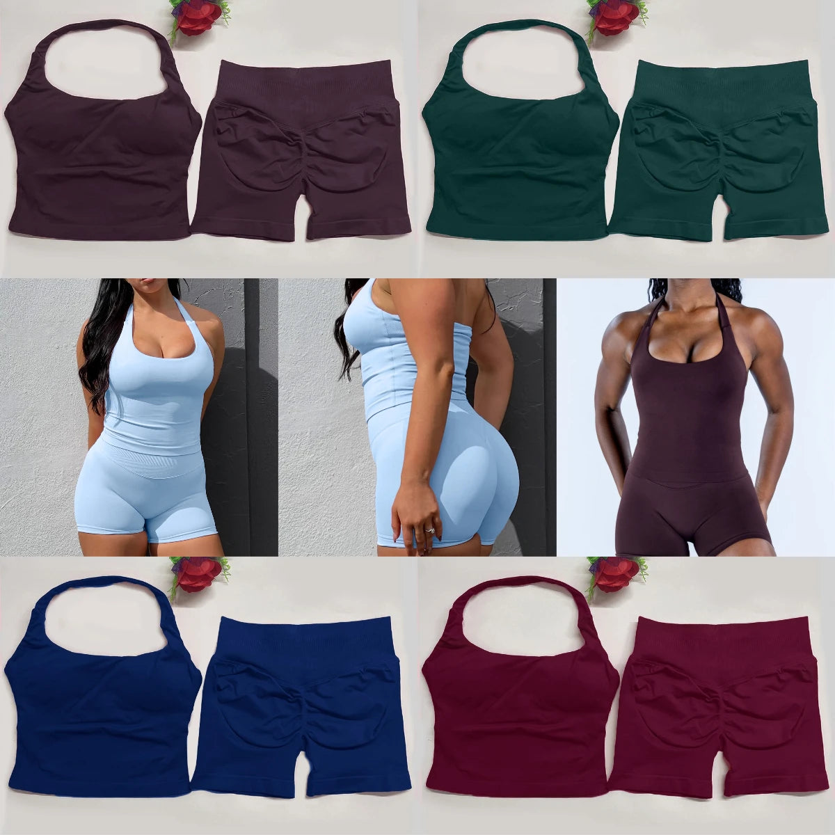 yoga outfits Women 2 pcs Sports DFNNYE Impact Set halterneck Backless Halter Top Seamless Scrunch Shorts Gym Workout Sports Suit Main image