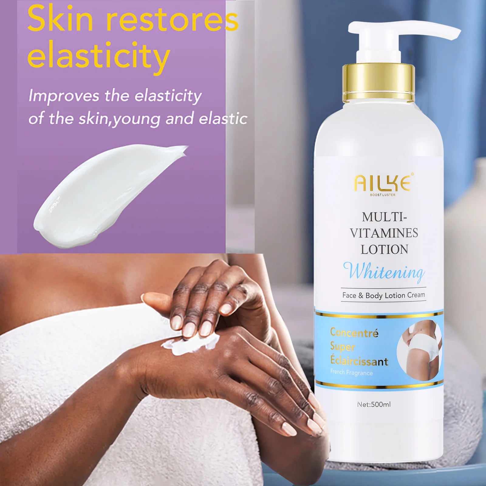 AILKE Multi Vitamin Whitening Body Lotion With Vitamins A,E,B3,B5, Increase Skin Radiance, Even Skin Tone, Moisturizer Cream