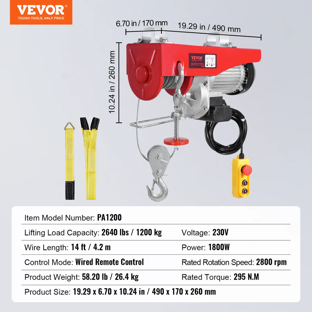 SucceBuy 2640Lbs Electric Hoist Winch 230V with 14ft Wired Remote Control 40ft Single Cable Lifting Height Lift Hoist for Garage