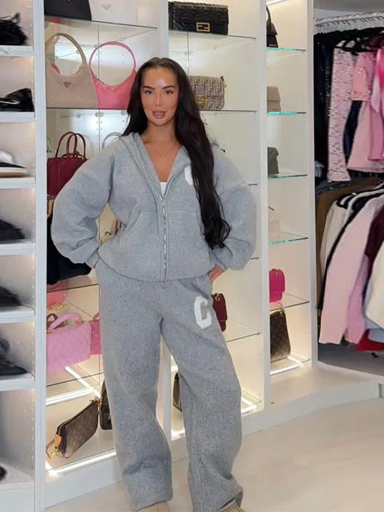 Fashion Cardigan Pants Suit Women's Hood Zipper Full Sleeve Loose Coat Straight Trousers 2025 Autumn Casual Lady 2-piece Set Secondary image