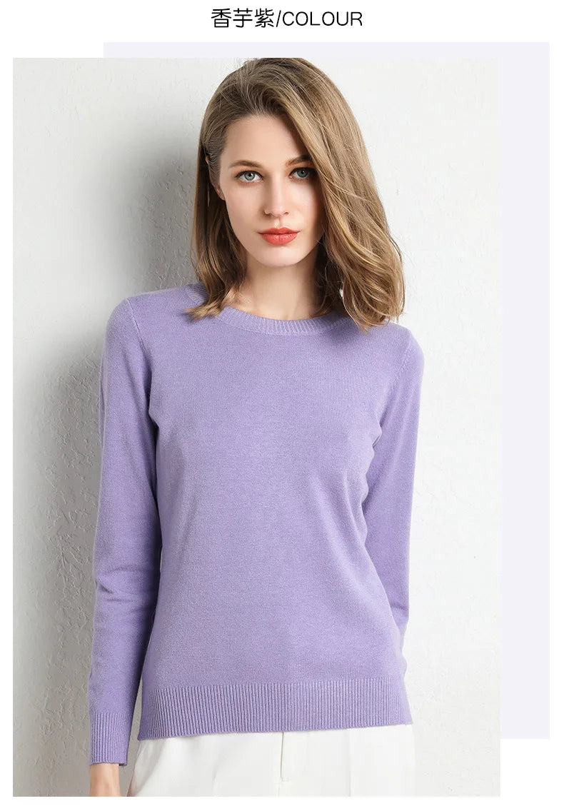 Women Slim O-Neck Pullover Cashmere Wool Blending Sweater Autumn And Winter Long-Sleeved Knit Bottoming Shirt Large Size 2024