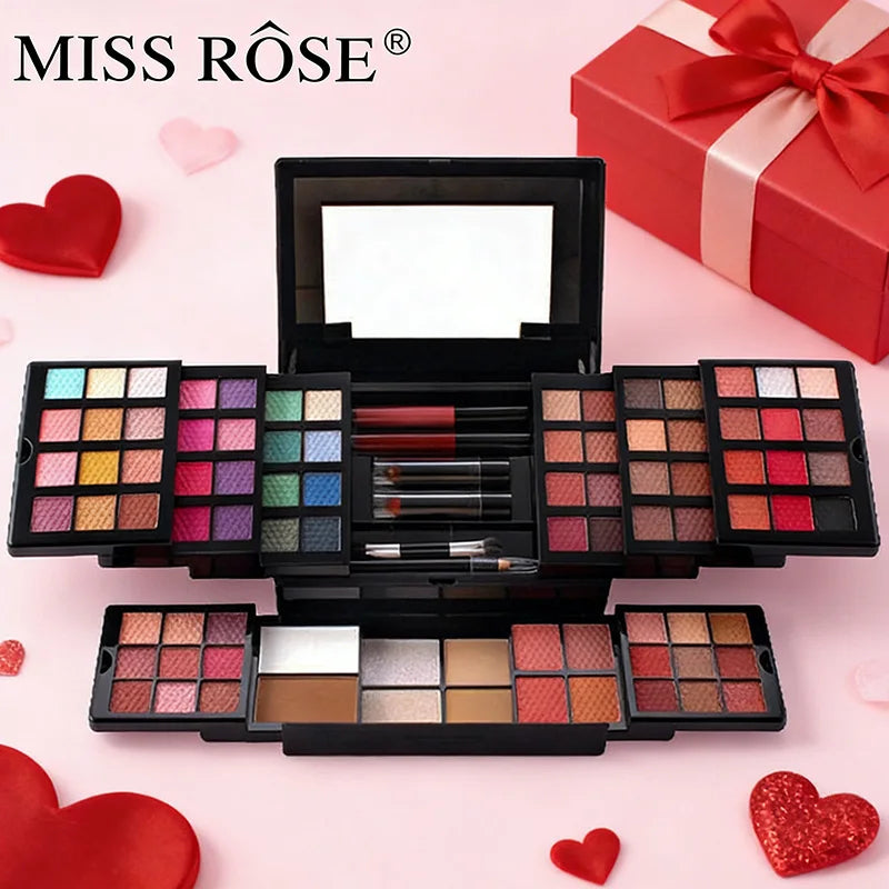 MISS ROSE 104 Color Eye Shadow Powder Puff High Gloss Lipstick Mirror Makeup Durable Easy Makeup Multi-Function Makeup Set