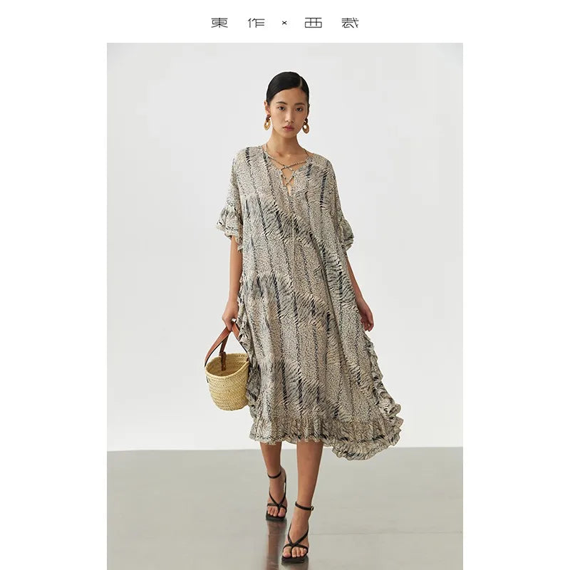Animal Fiber Fabric~ Casual Dress for Women, Ruffled Silk Dress, Designer Niche Silk Long Dress, New Women's Fashion Main image
