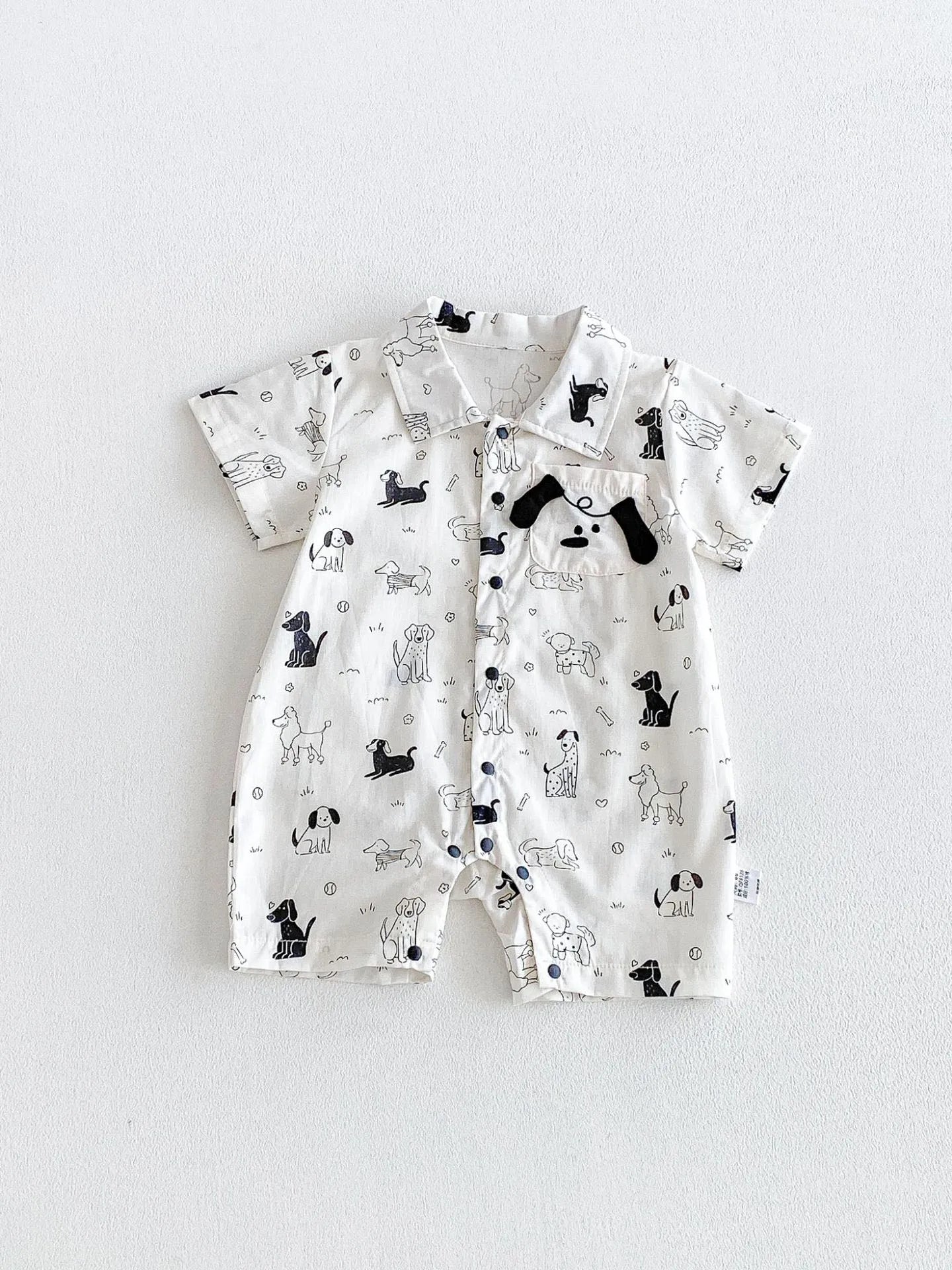 0-2Y Summer Baby Boy Clothes Full Of Dog Print Single Breasted Toddler Rompers Short Sleeve Cute Baby Boy Outfit