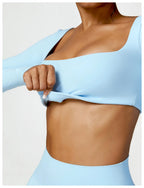 Hearuisavy Summer Casual Quick Dry Sportswear Women Square Neck Gym Top Women Fitness Sports Crop Top Long Sleeve Yoga Clothing