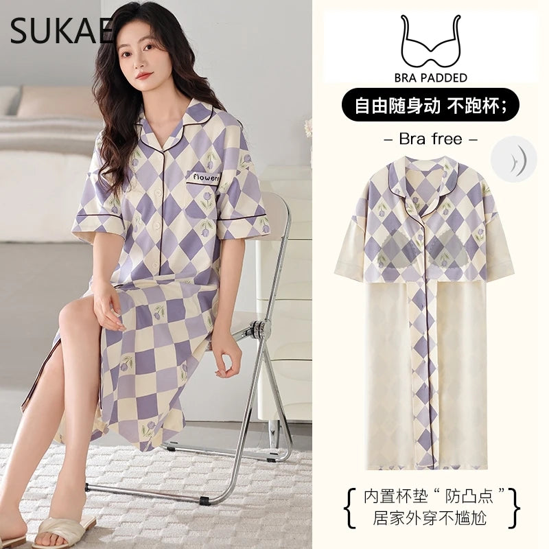 SUKAE Midi Nightdress M-5XL V-neck Bra Padded Botton Sleepshirt Plus Size Cotton Nightgowns Summer Women Short Sleeves Nightgown