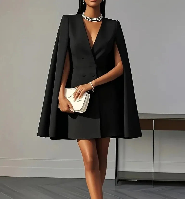 Women Dresses 2025 Spring Autumn New Commuting Double Breasted Shawl Cape Solid Color V-Neck Mini Dress Fashion Women's Clothing