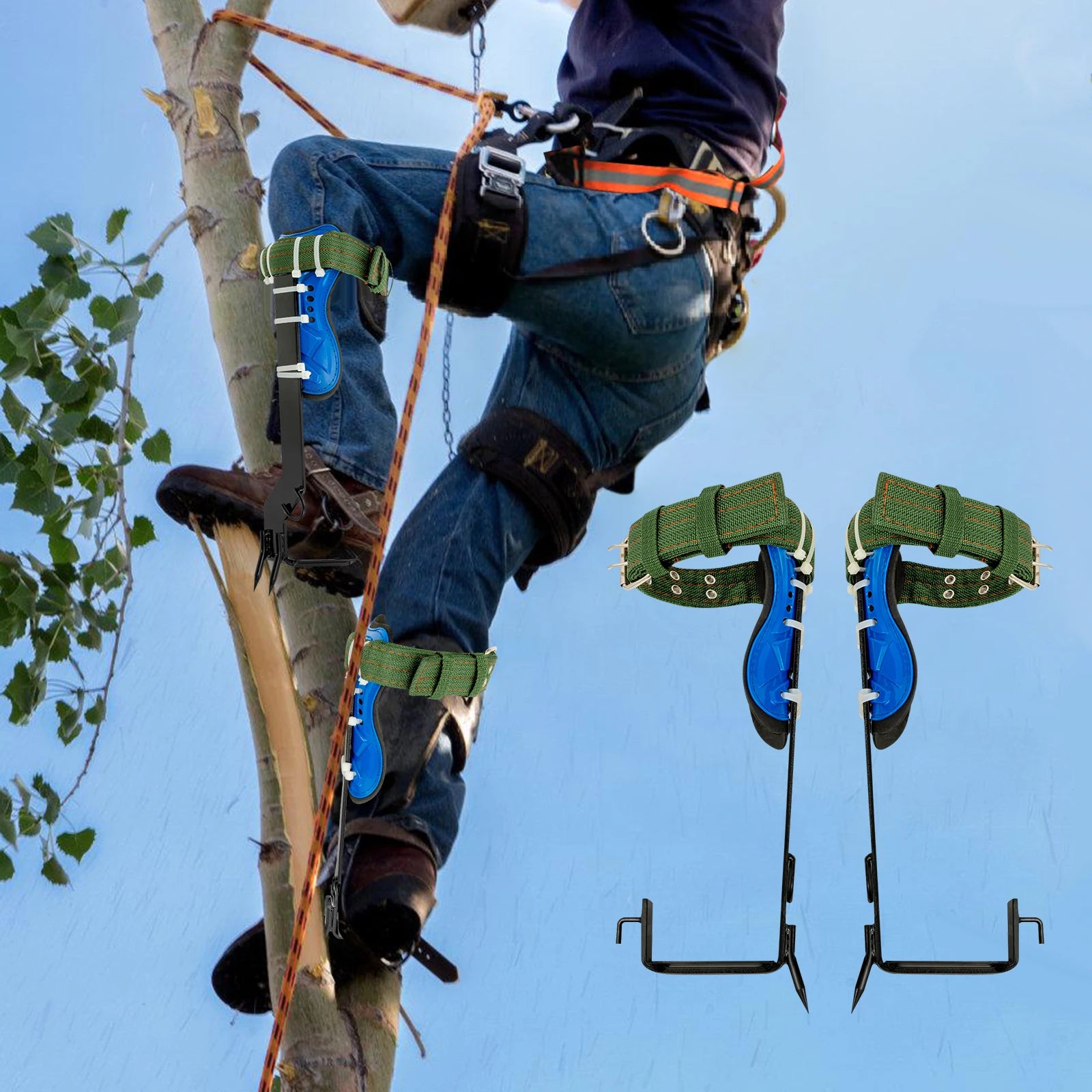 Tree Climbing Tools with Safety Belt 2M Rope 45# Steel Wide Foot Pedal Comfortable Kit for Fruit Picking, Jungle Survival, Black