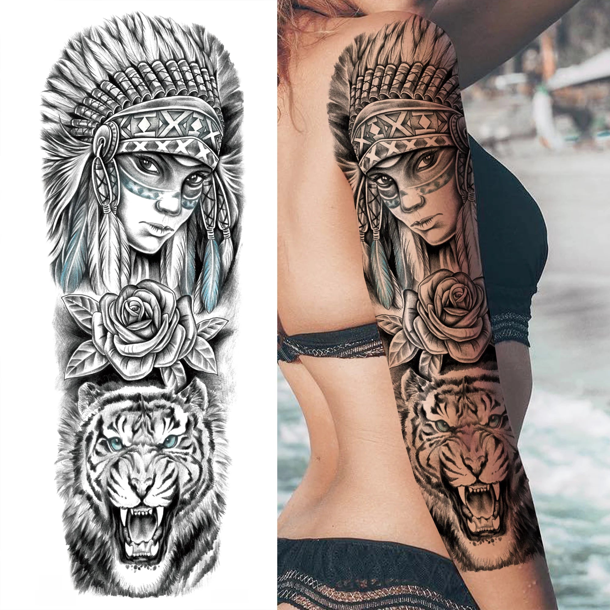 1 Sheet Full Arm Compass Zeus Skull Tiger Lion Flower Temporary Tattoos Sleeve For Men Women Adults Fake Temp Sticker Tattoo